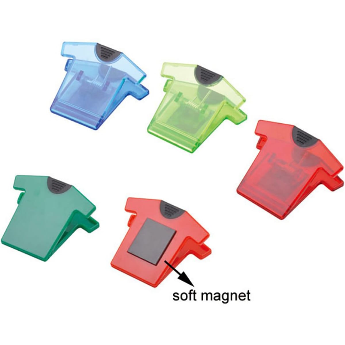 A set of five clip-shaped magnets in green, blue, and red colours, featuring a soft magnet on the back.
