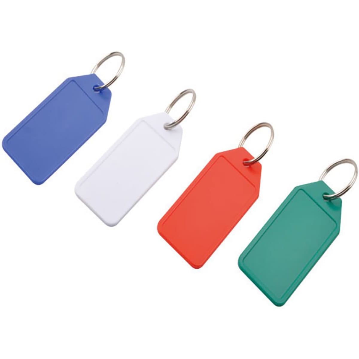 A selection of four key tags in blue, white, red, and green, each with a silver keyring attachment.