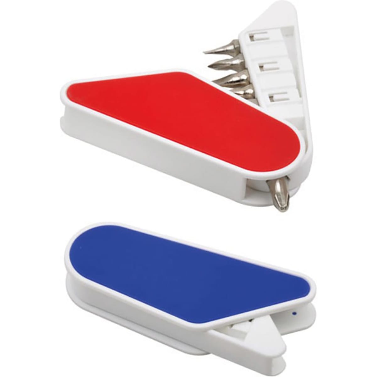 A compact tool set in red and blue, featuring a white casing with multiple screwdrivers and a keyring attachment.