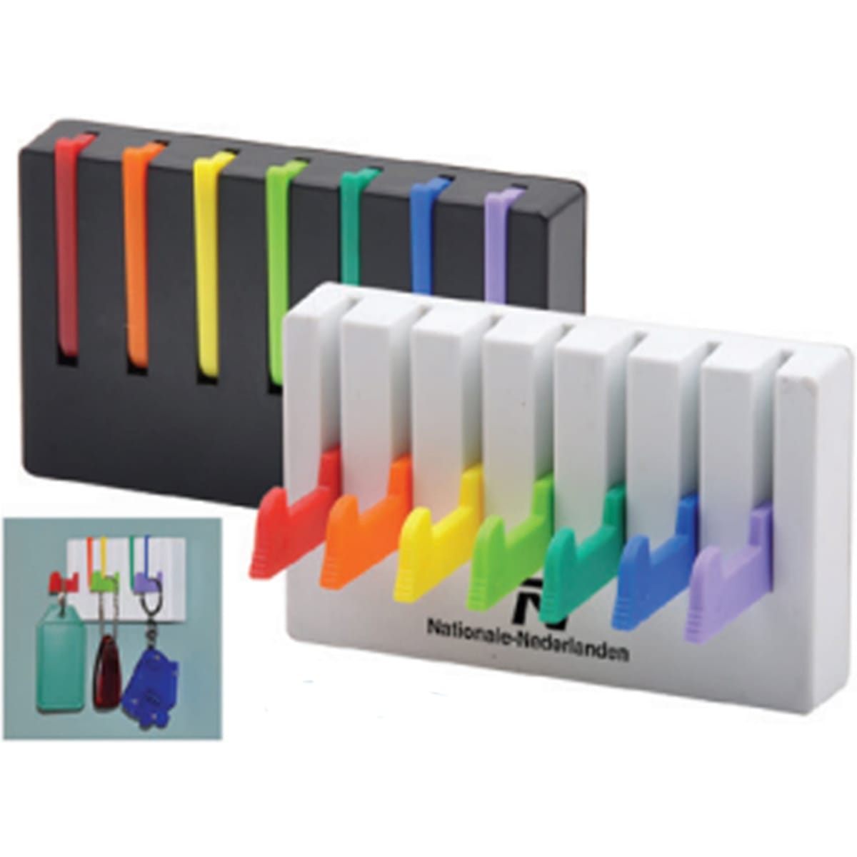 A set of colourful keyrings in a white and black holder, featuring various vibrant hues including red, blue, and green.
