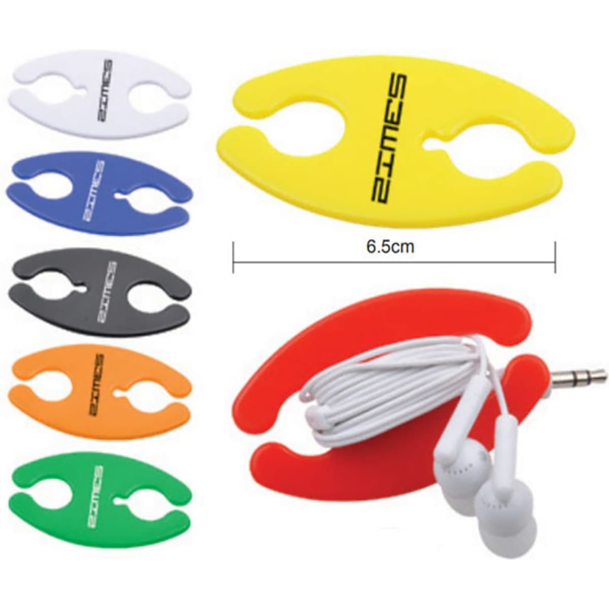 A selection of cable organisers in yellow, black, blue, orange, green, red, and grey, with earphones included.