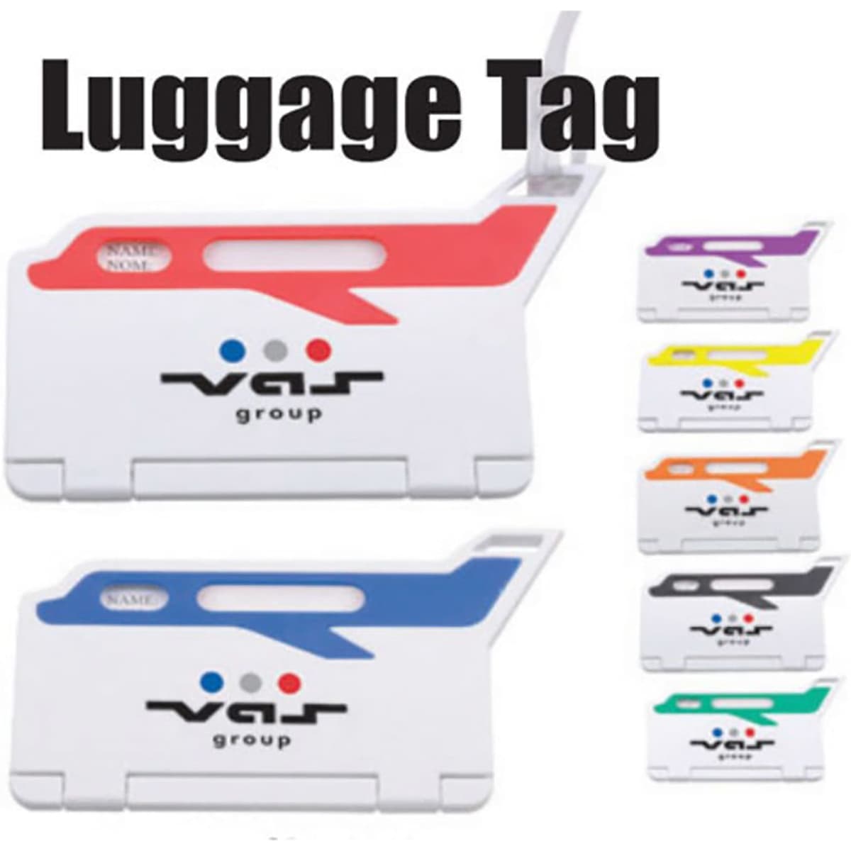 A luggage tag featuring a variety of colours, including red, blue, green, yellow, and purple, with a logo.