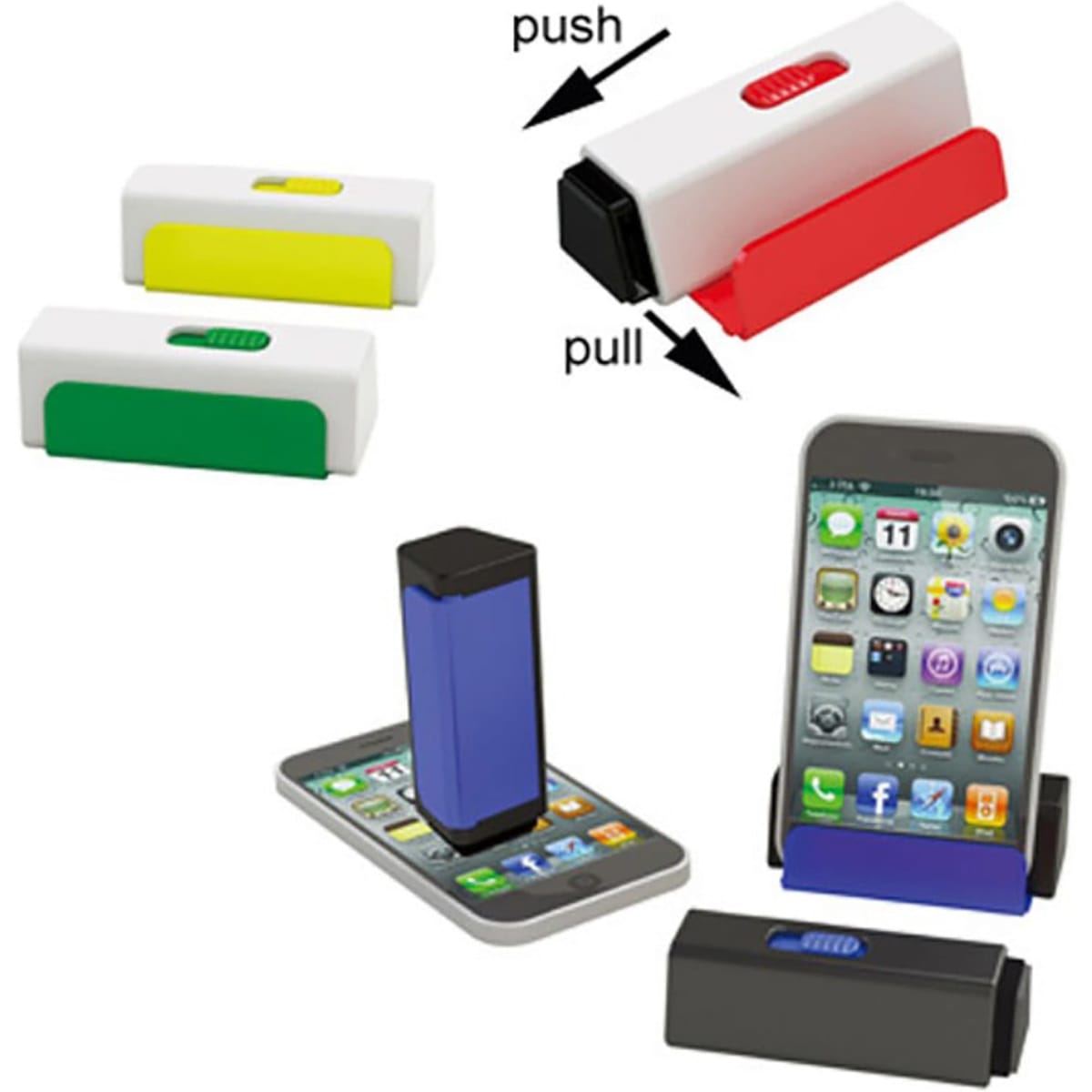 A mobile stand featuring a screen cleaner, available in green, yellow, white, red, and black, with a logo.