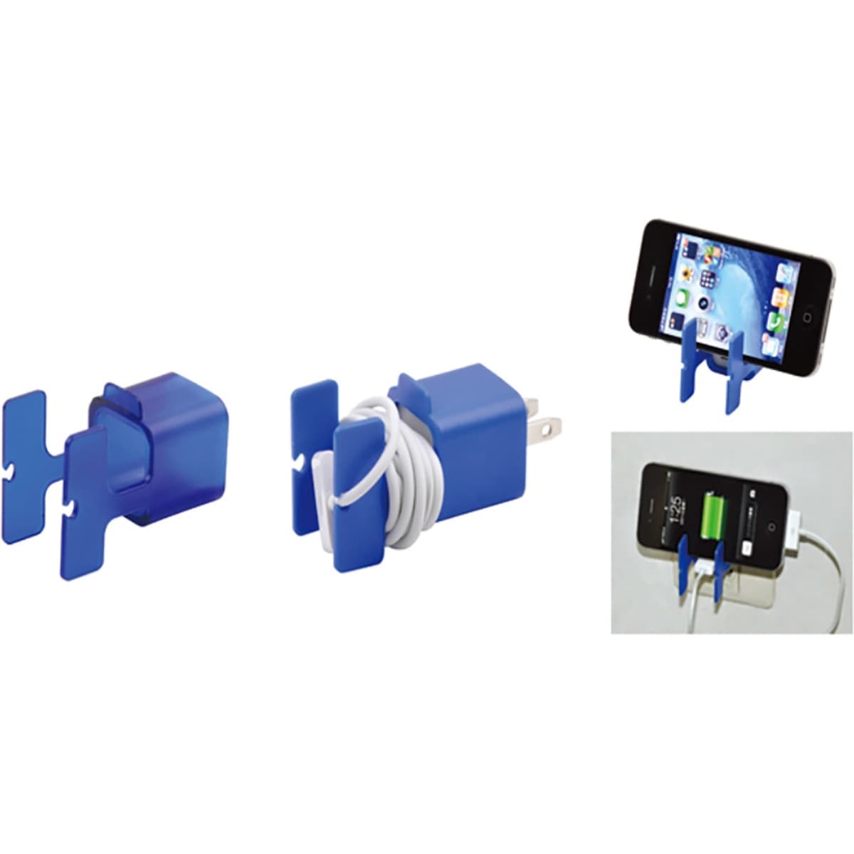 A blue cable organiser for tidying phone charging cables, featuring multiple clips and a compact design.