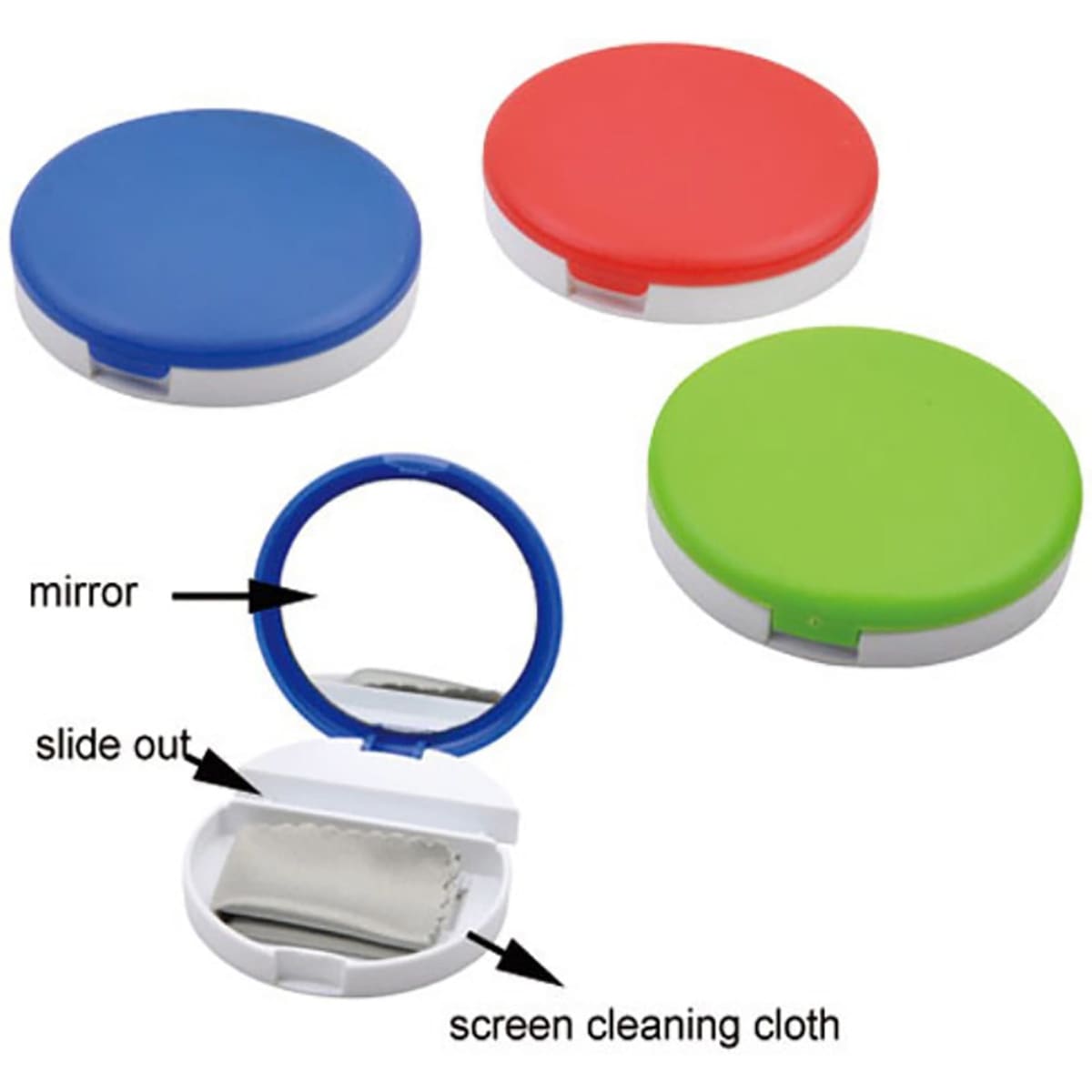 A collection of three circular mobile stands in red, blue, and green, featuring a mirror and a screen cleaning cloth inside.