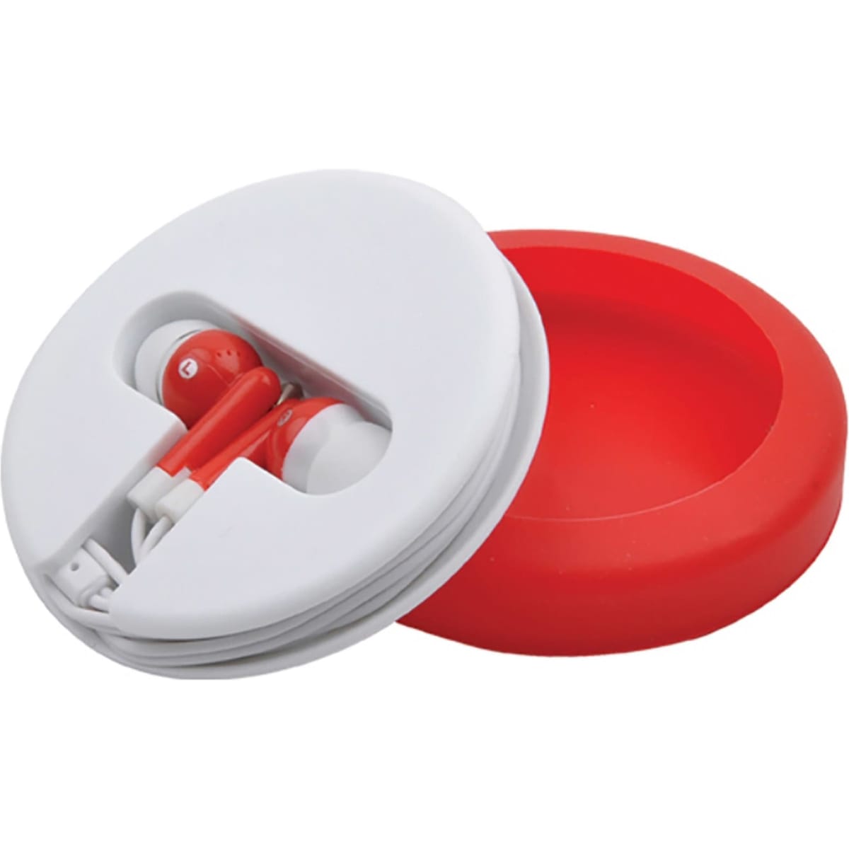 Earbuds in a white and red case, with the earbuds neatly wrapped for storage. The case features a smooth surface.