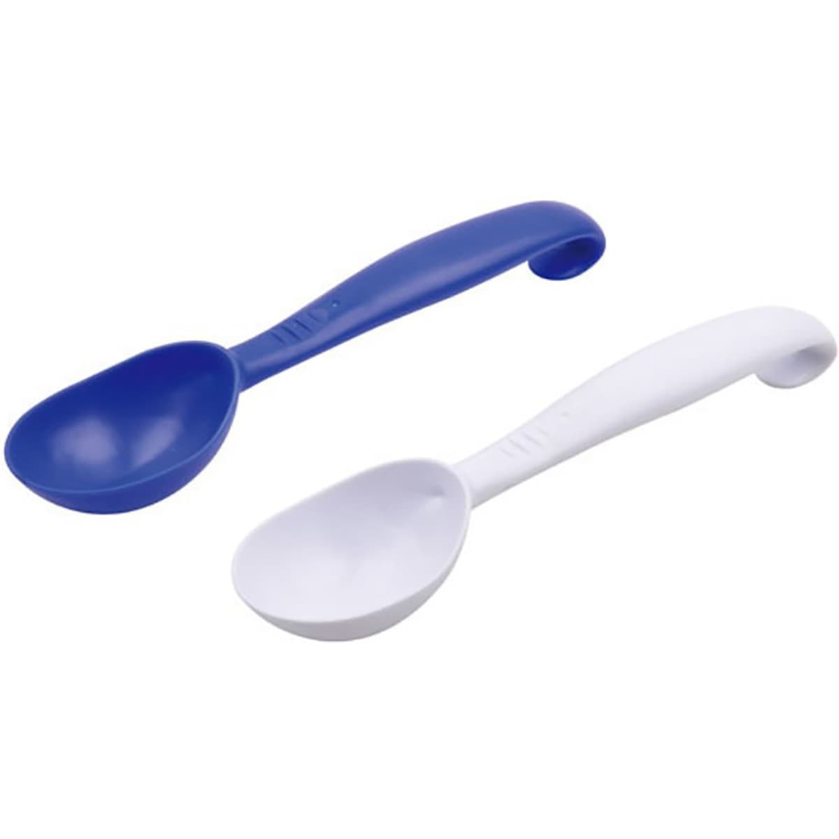 A set of two ice cream scoops in blue and white, featuring curved handles for easy gripping. Each scoop has branding.