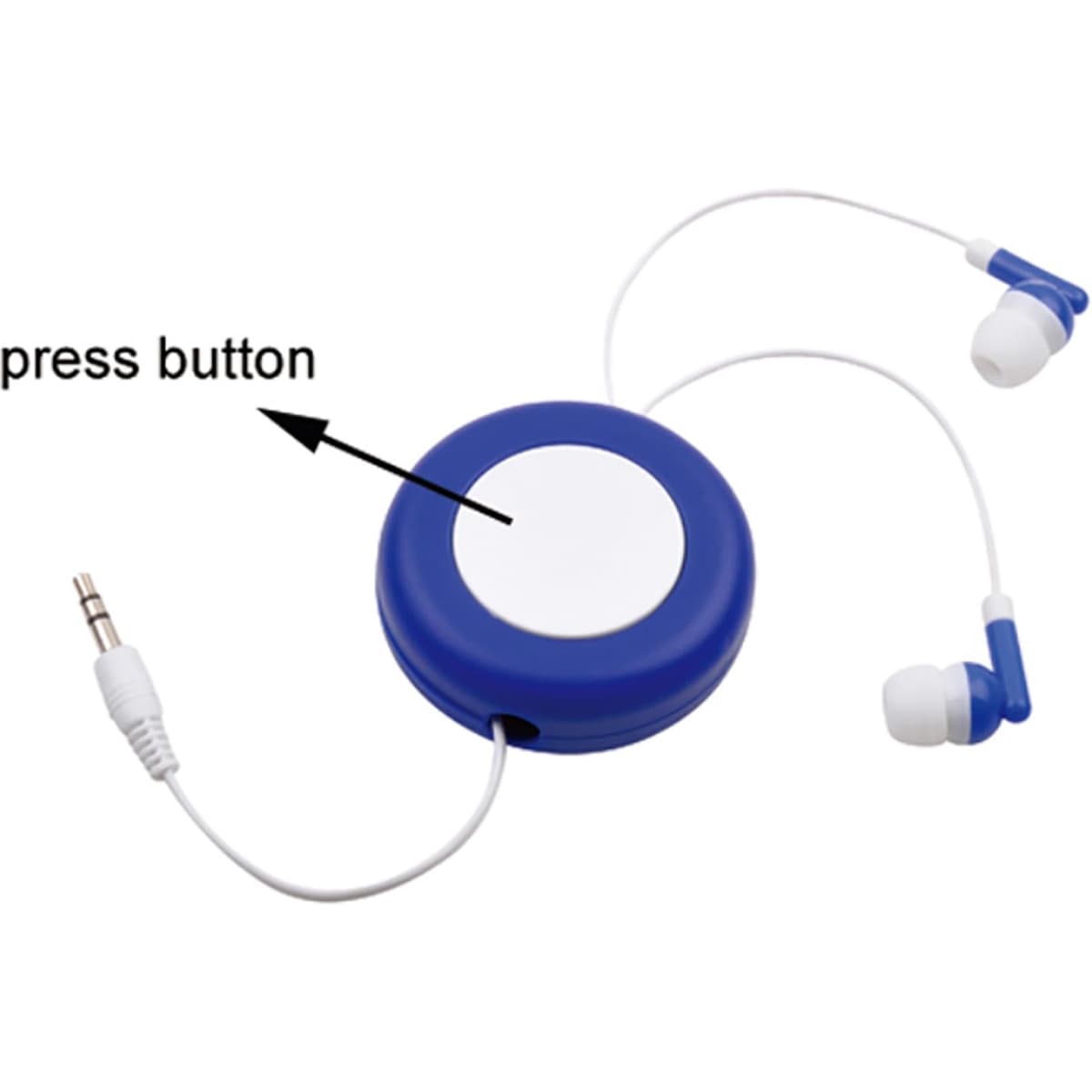 Blue earbuds in a case with a press button, featuring white earbuds and a 3.5mm audio jack.
