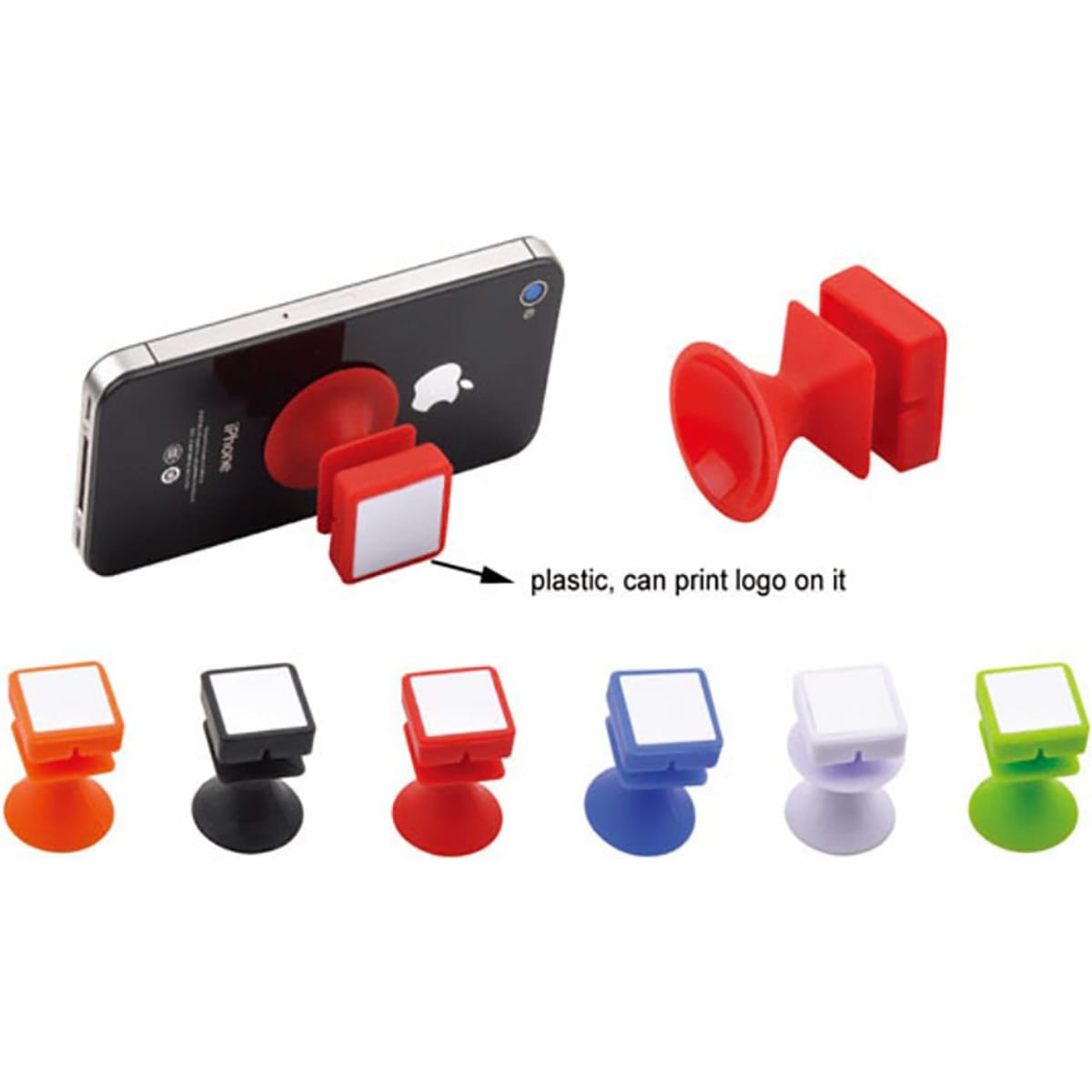 A collection of colourful mobile stands in red, orange, green, blue, white, and black, designed for smartphones.