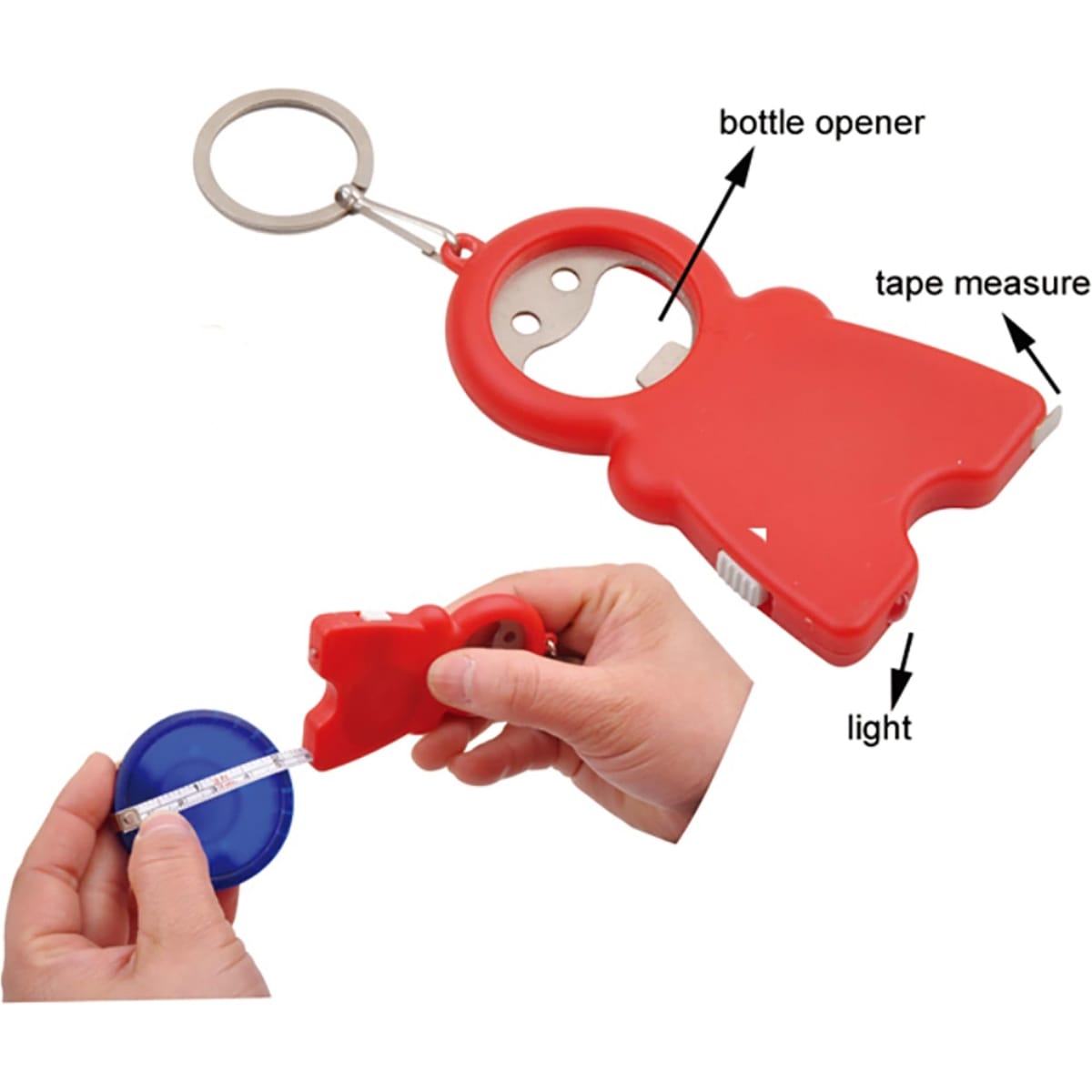A red bottle opener featuring a tape measure and light, attached to a keyring with a logo.