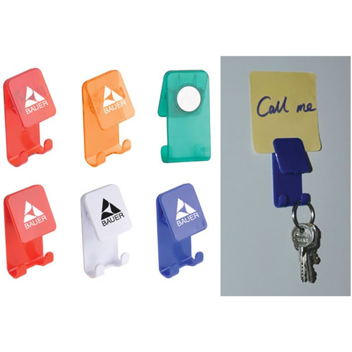 A set of colourful Handy Hooks in orange, green, white, and blue, with one holding a note and keys.