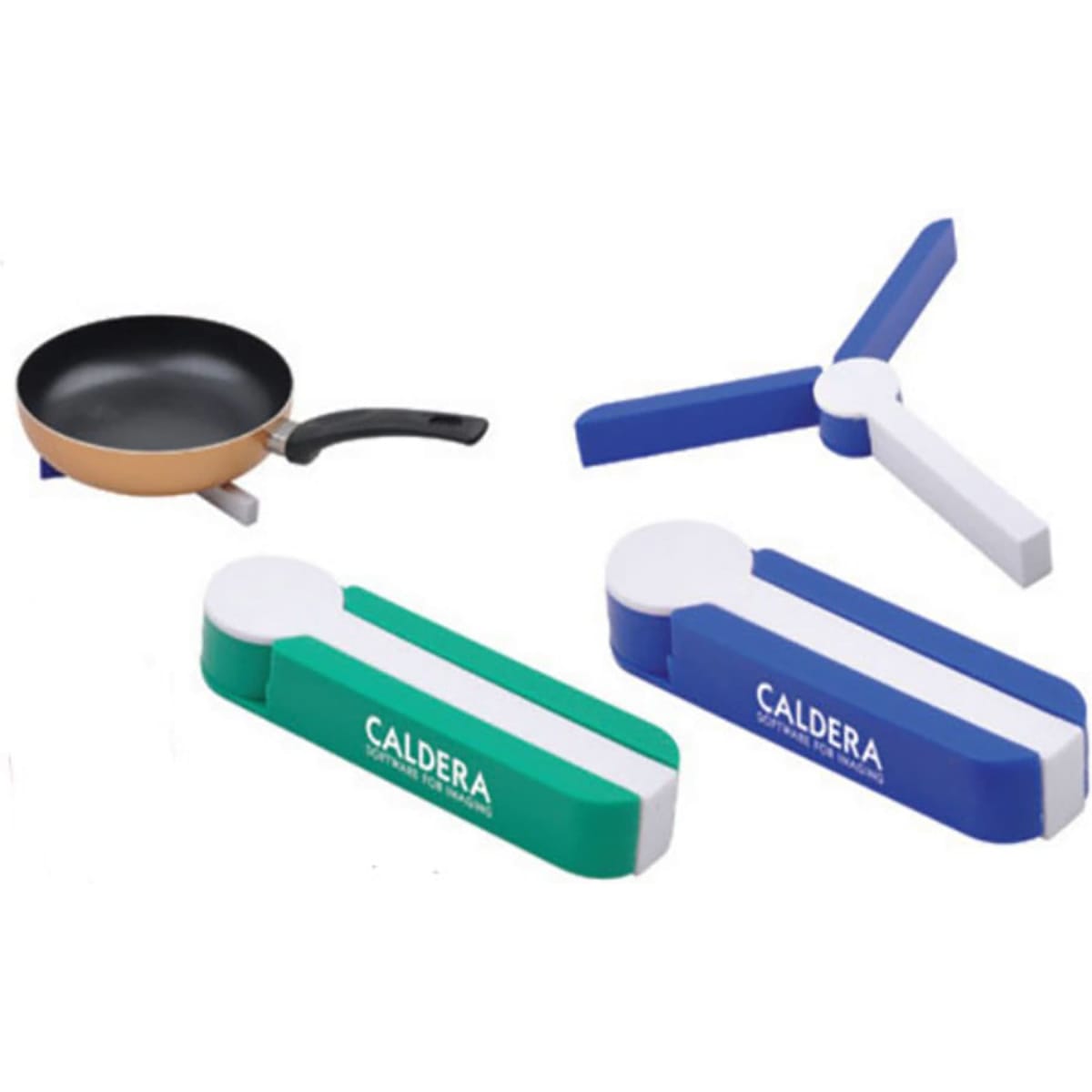 A set of colourful hot pot mats in green, blue, and white, alongside a frying pan. The mats have a logo.