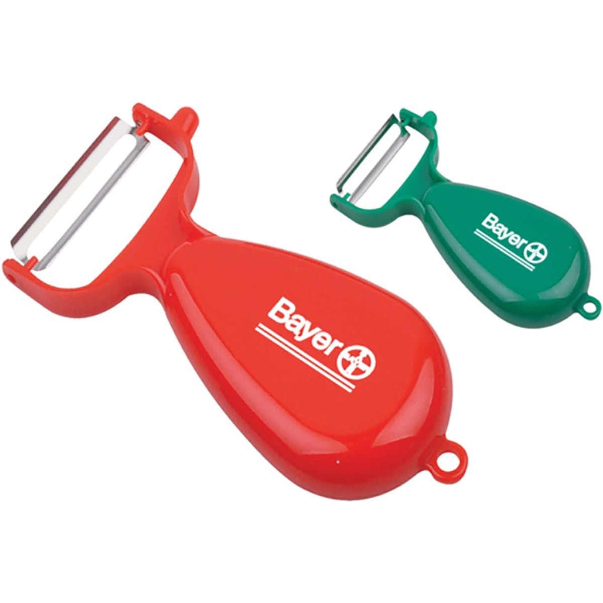 A red and green peeler set featuring two different sizes, each with a logo.