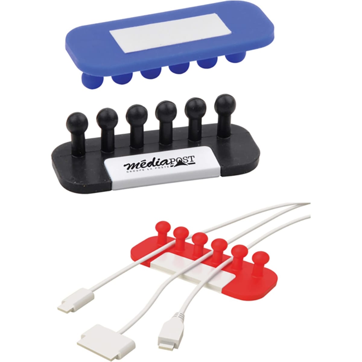 A blue, black, and red cable organiser with multiple slots for managing cables, featuring a logo on the black section.