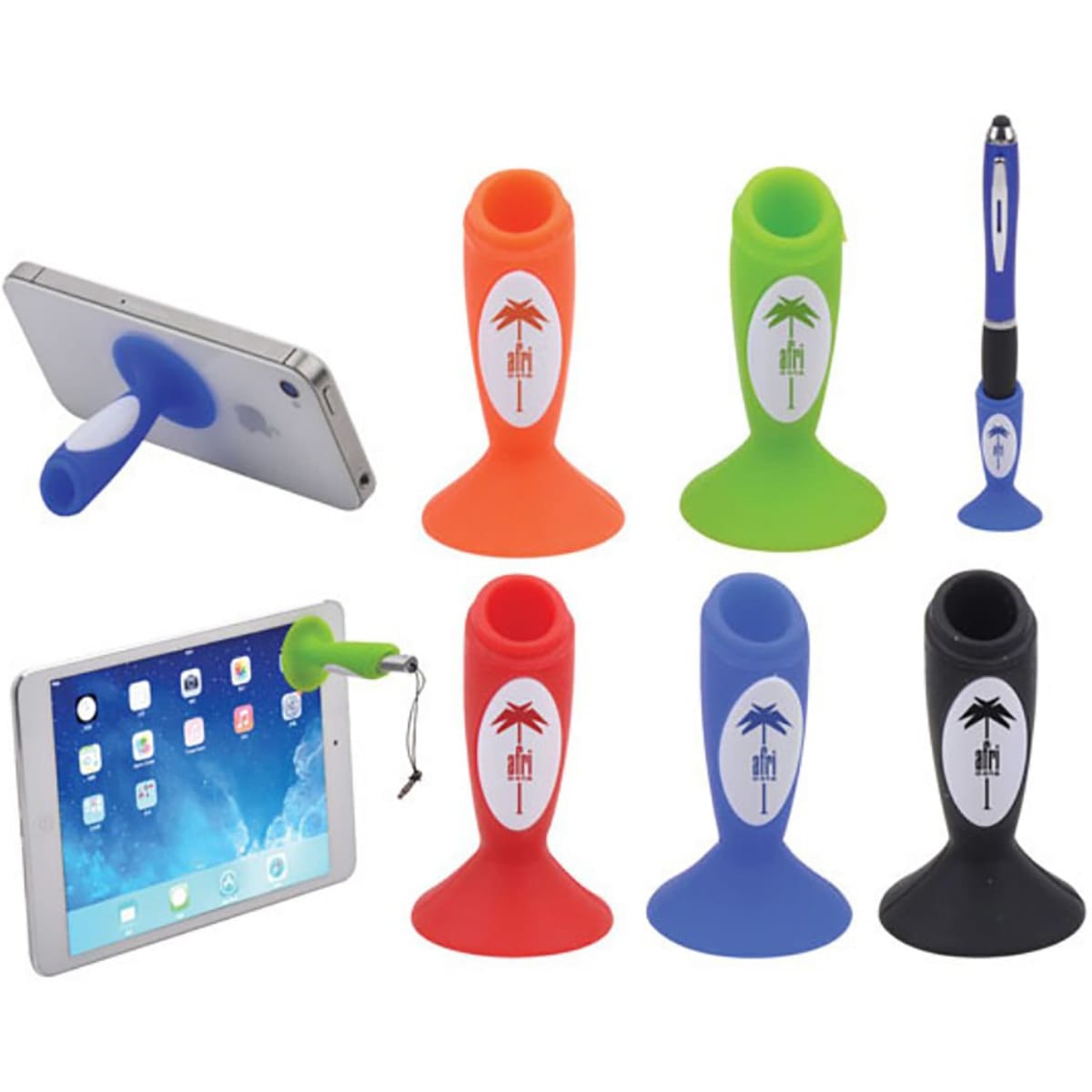 A variety of mobile stands and pen holders in orange, green, blue, black, and featuring a logo.
