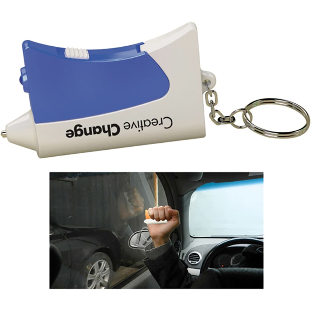 A blue and white emergency hammer keyring tool with a keychain attachment and a logo.