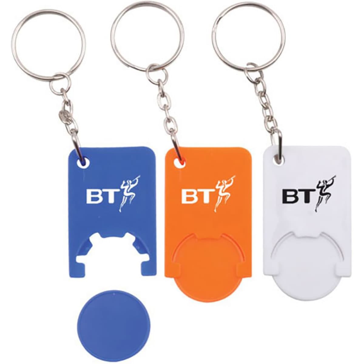 Three key tags in blue, orange, and white, each attached to metal keyrings, featuring a logo.
