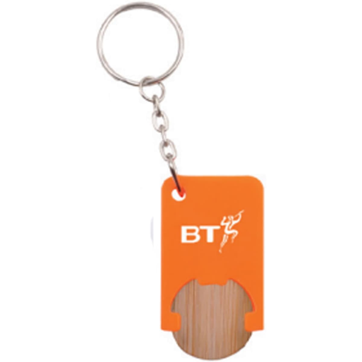 An orange key tag with a wooden section, attached to a metal keyring, featuring a logo.