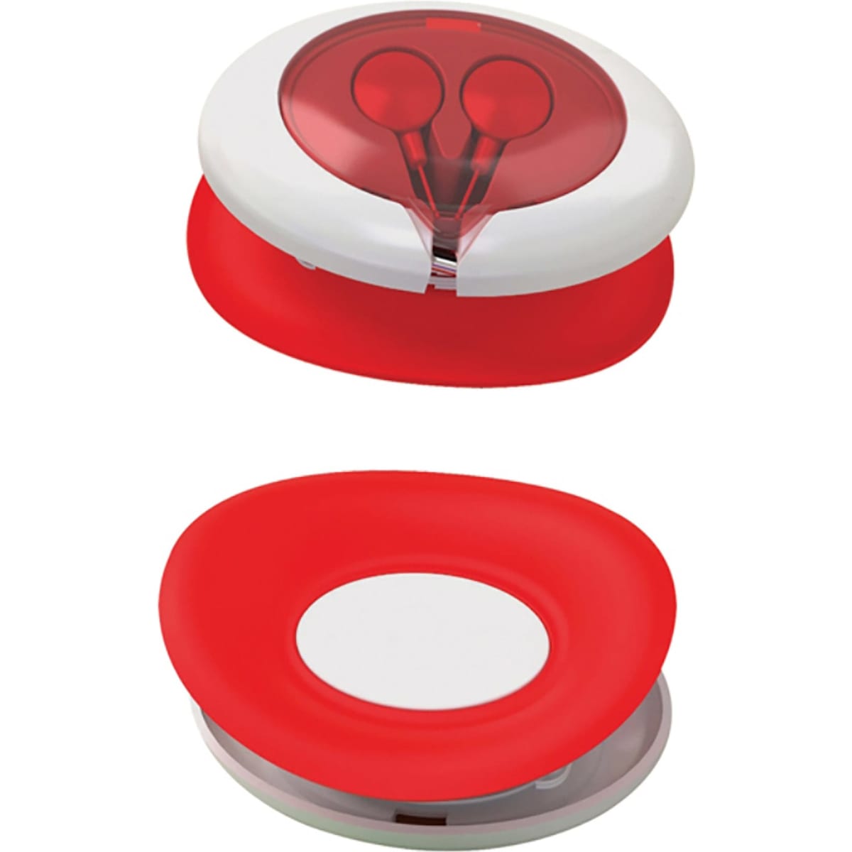 Earbuds in a red and white case, featuring a smooth, rounded design with a clear top section displaying the earbuds inside.