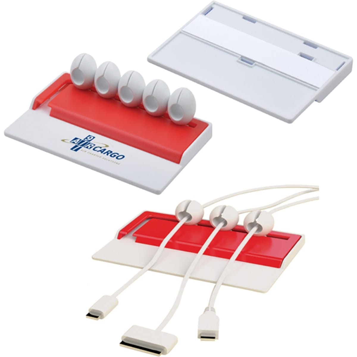 A cable organiser in red and white featuring slots for holding cables and a logo on the surface.