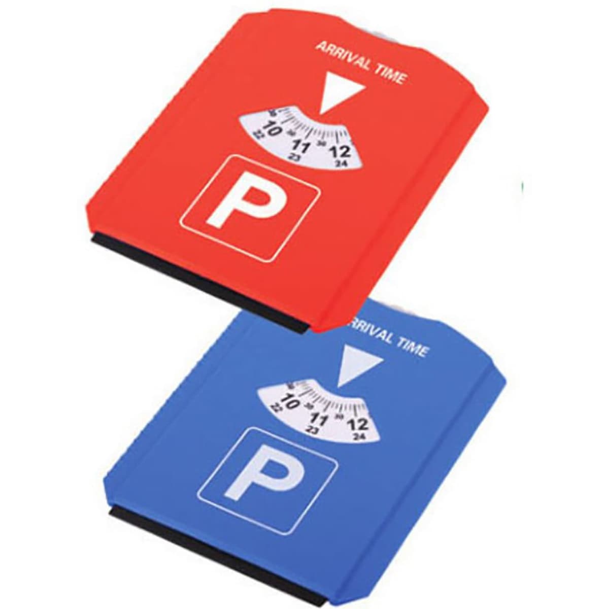 A red and blue ice scraper with a parking sign design, featuring a logo and a dial for arrival time.