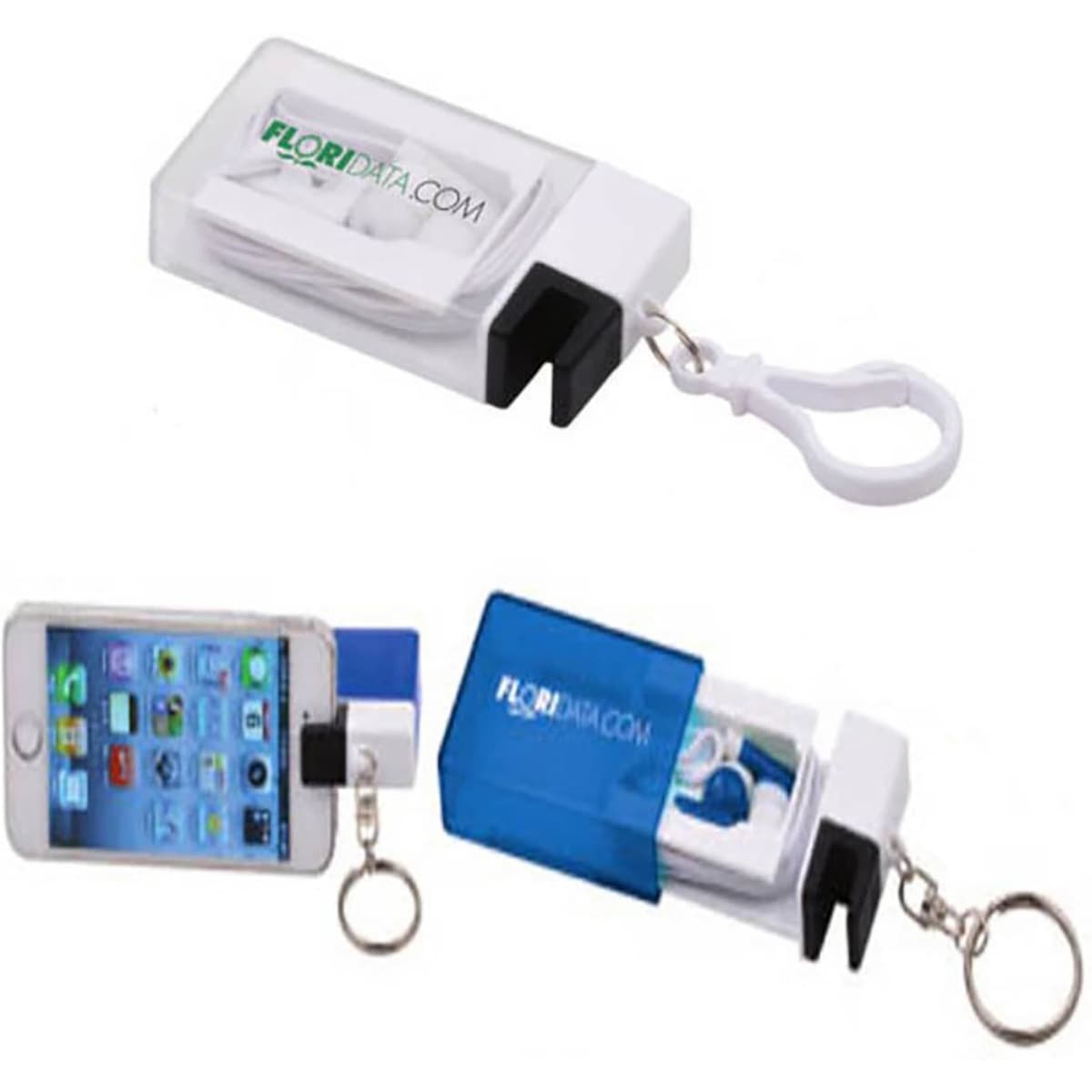 A pair of earbuds in a clear case with a keychain clip, featuring a blue and white design.
