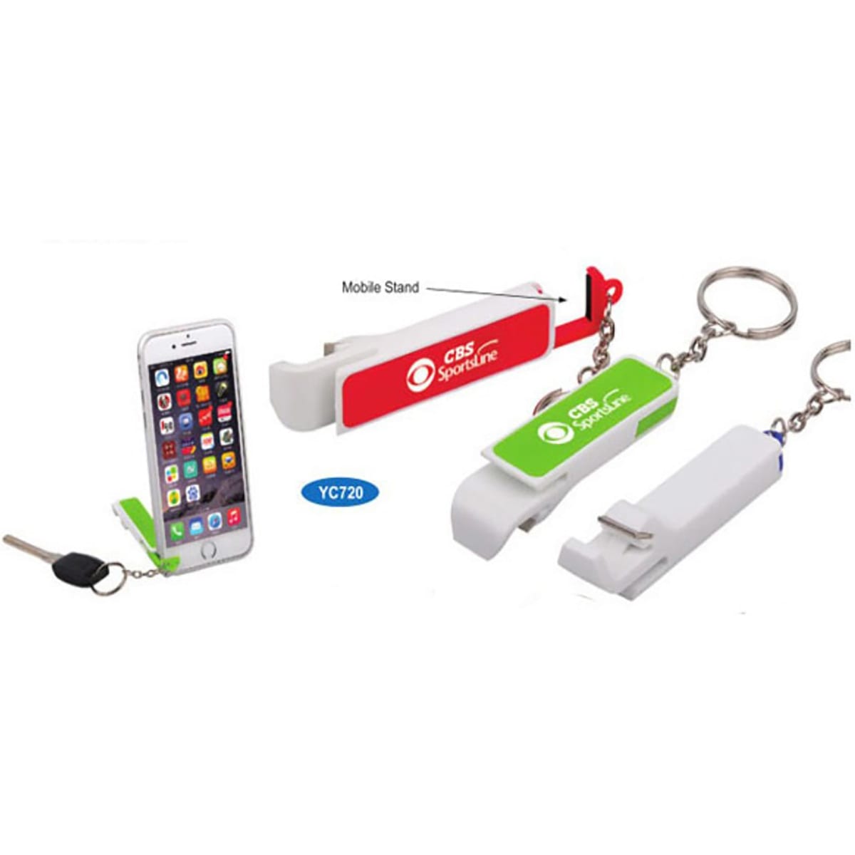 A drink bottle opener keychain in green and white, featuring a mobile phone stand function. Includes a branding logo.