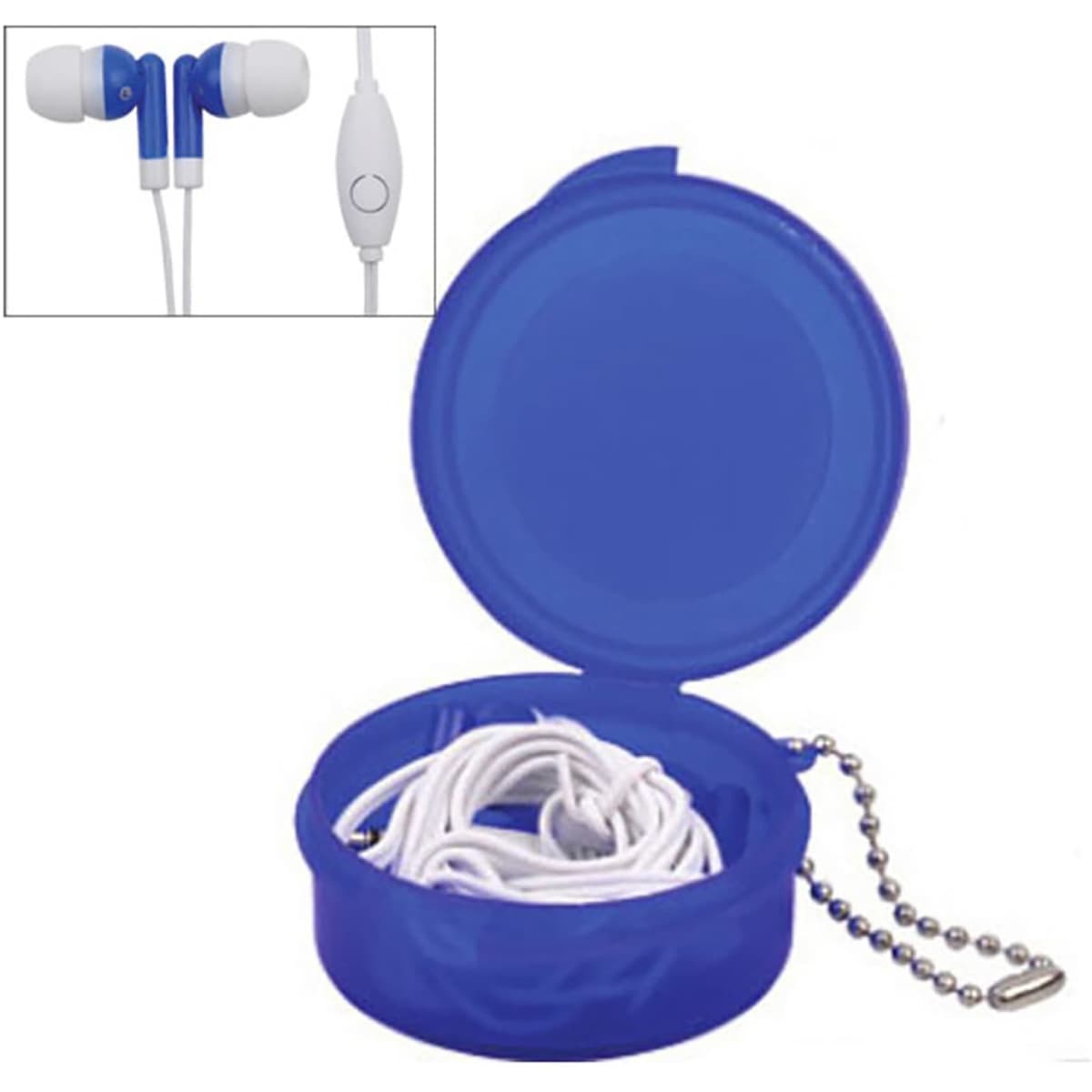 Blue earbuds with a white microphone in a matching blue case, featuring a keyring attachment.