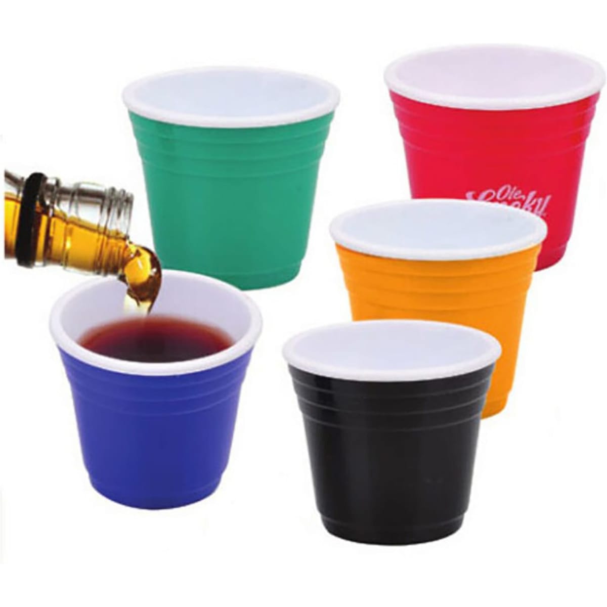 A set of five mini plastic cups in green, orange, blue, black, and red, with a pouring bottle above.