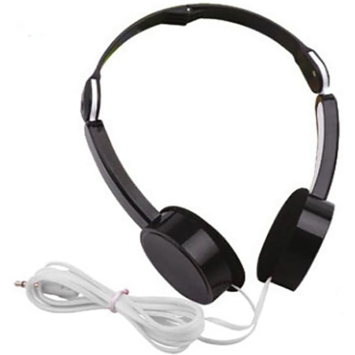 A pair of black foldable headphones with a white audio cable, featuring a minimalist design and a logo.