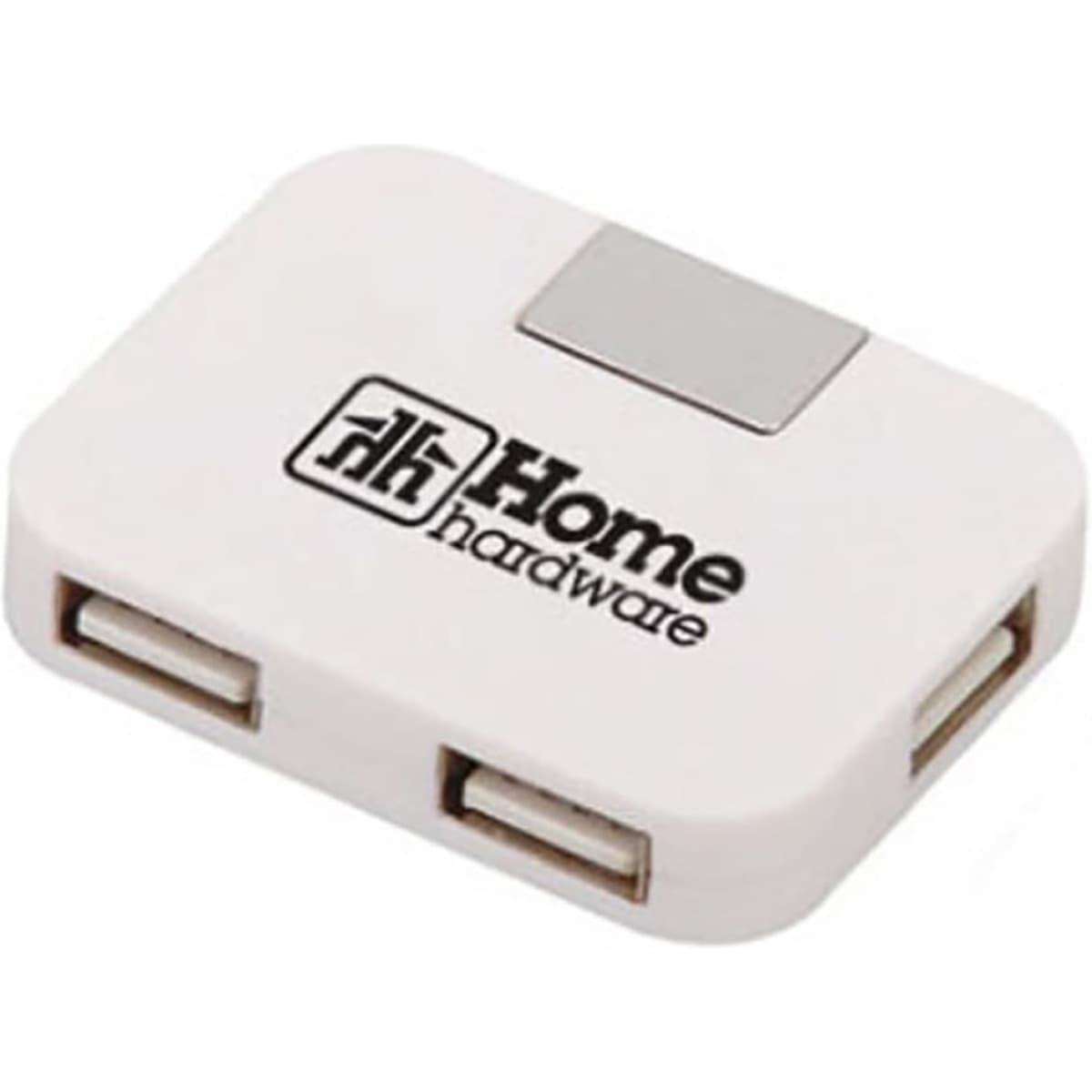 A rectangular white USB hub with two ports and a logo.