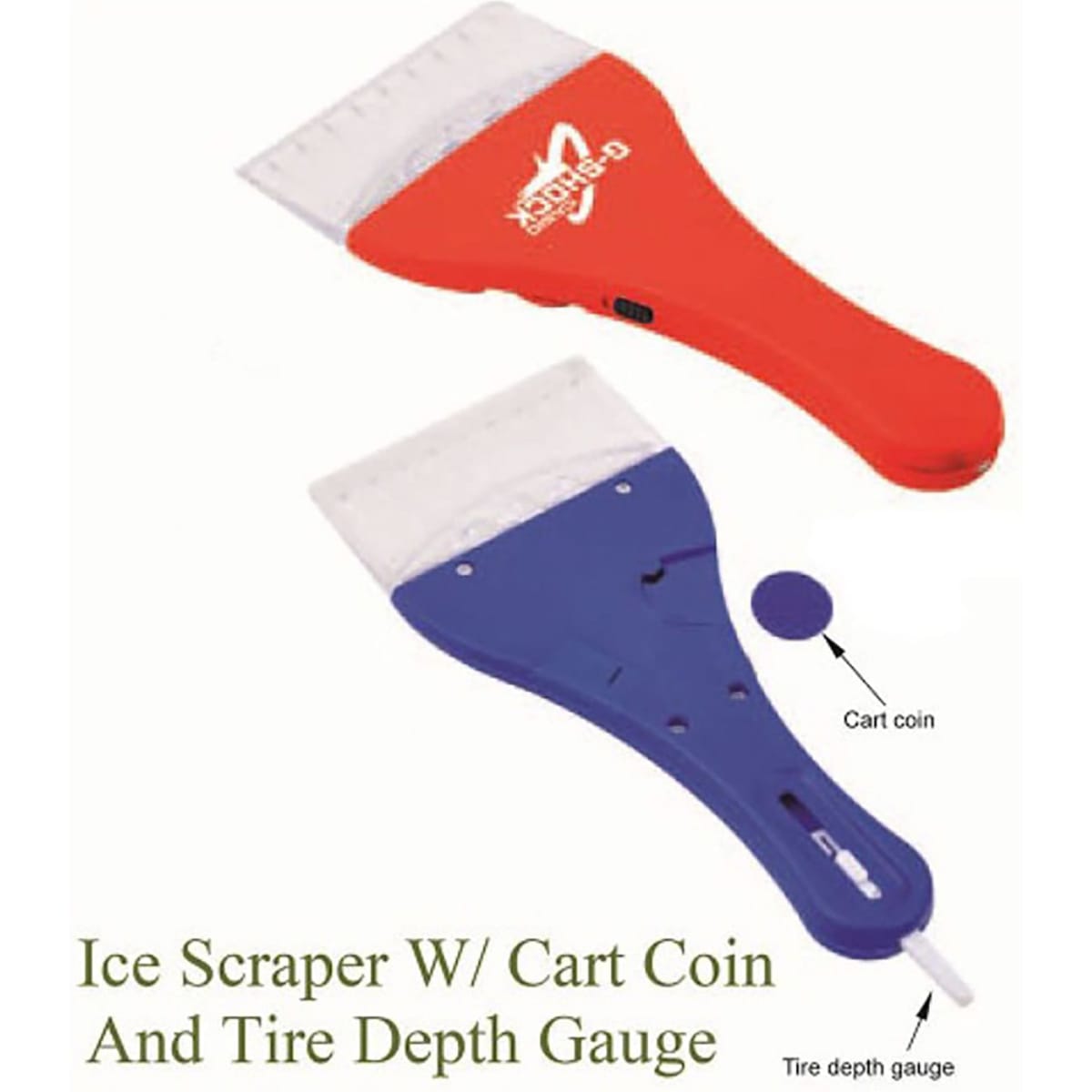 A red and blue ice scraper with a cart coin and tyre depth gauge, featuring a logo on the handle.
