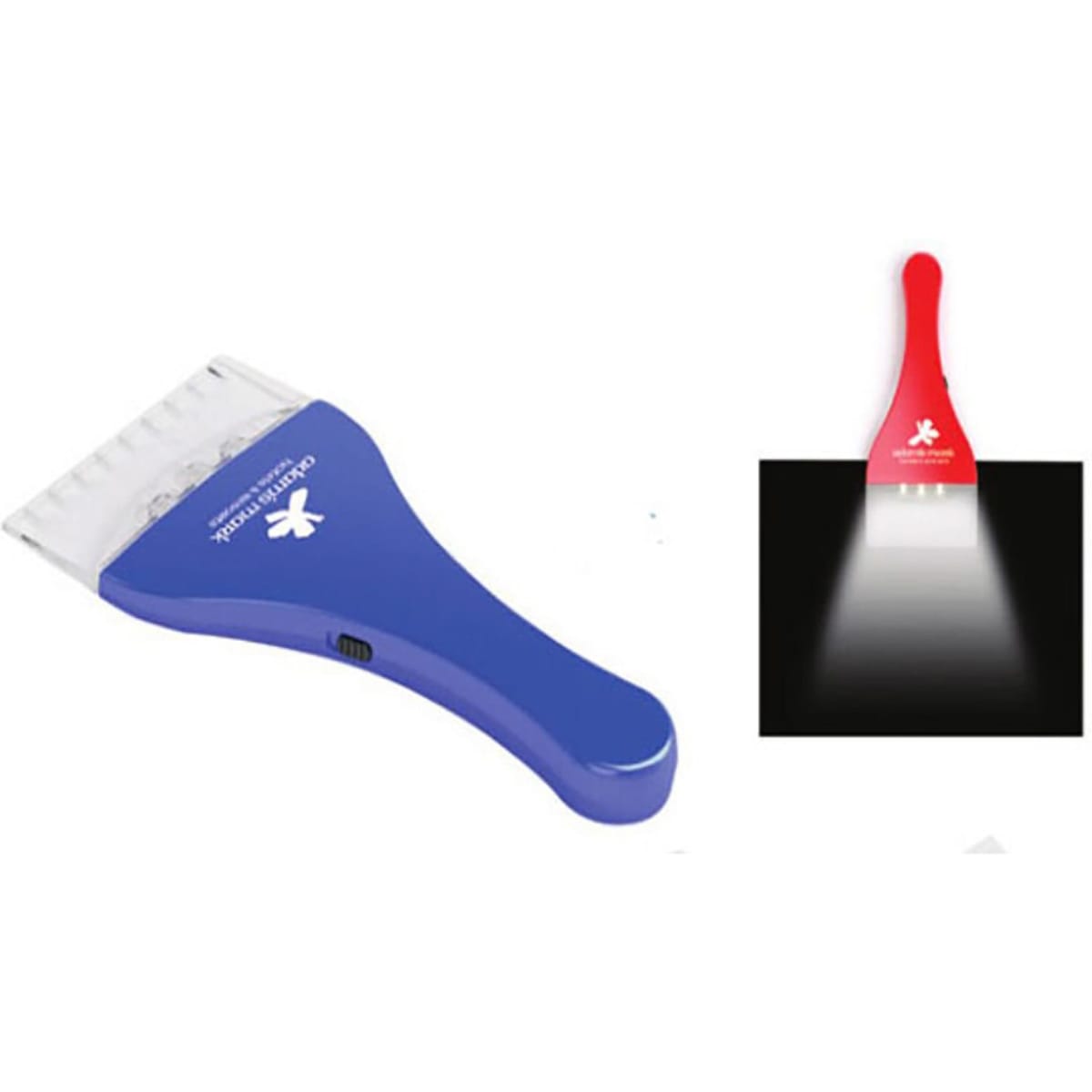 A blue ice scraper with a transparent blade and a built-in light, accompanied by a red version illuminating a dark surface.