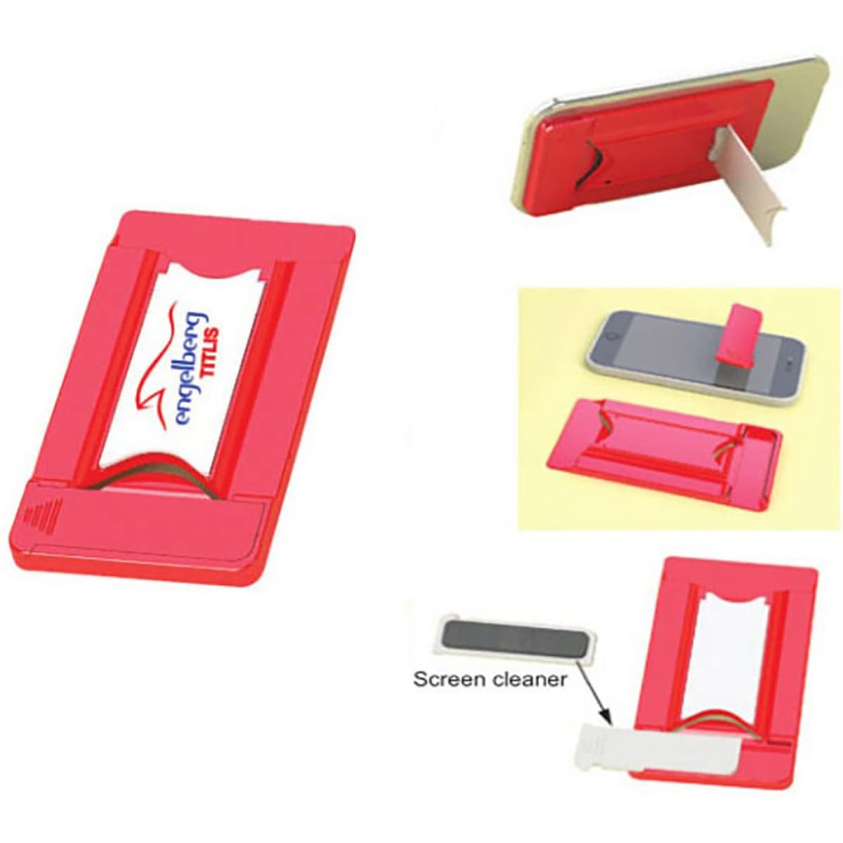 A red mobile wallet that acts as a screen cleaner and holder, featuring a logo. It has a slim design for easy portability.