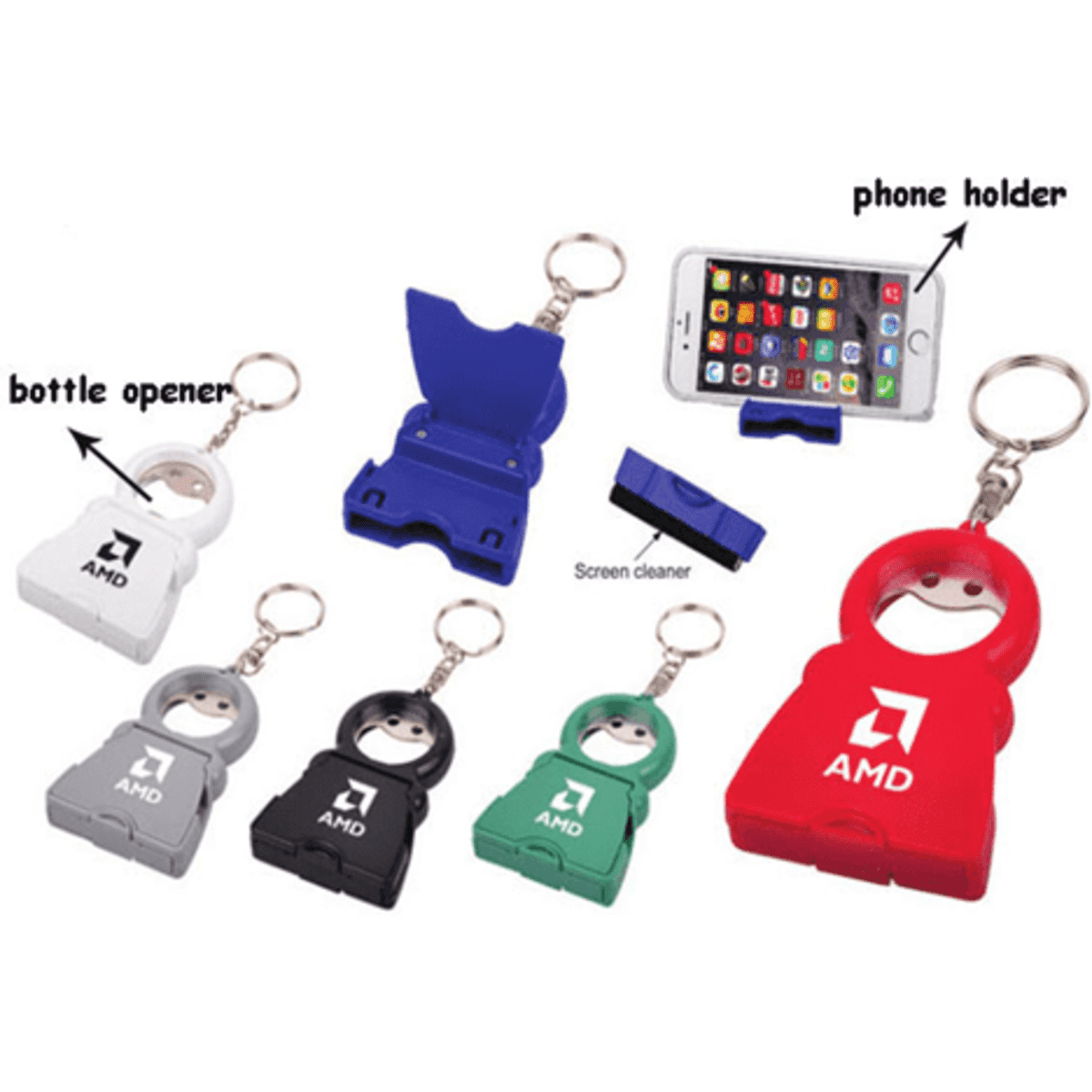 A range of small, multi-coloured mobile holders with bottle openers and screen cleaners, featuring a logo.