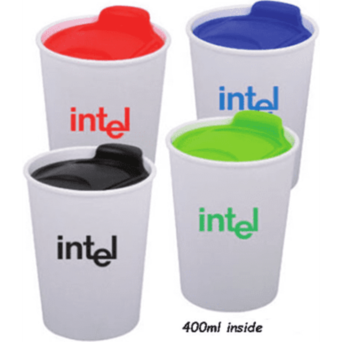 A set of four cups in white, with various coloured lids: red, green, black, and blue, each featuring a logo.