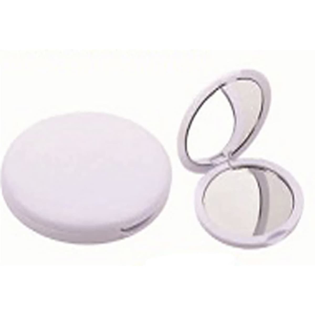 A round white compact mirror with a double-sided reflective surface. It features a branding logo on the exterior.