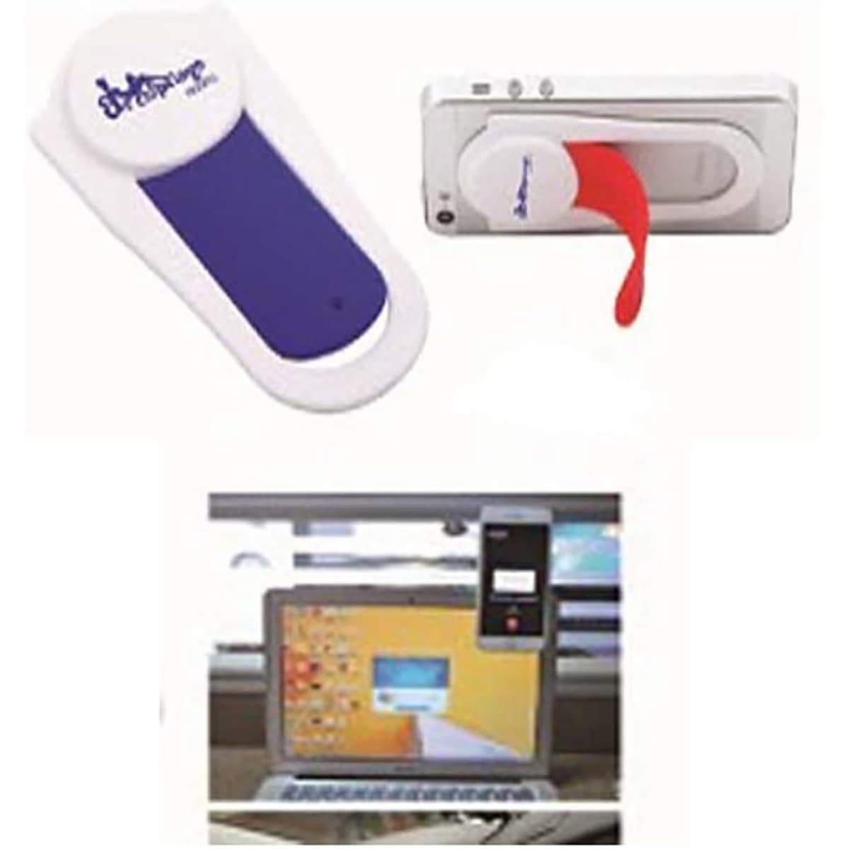 A mobile stand featuring a white and purple design, securely holding a smartphone above a laptop screen.