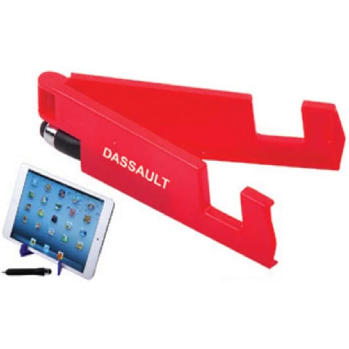 A red mobile stand with a stylus pen, designed for tablets and phones, featuring a logo on the stand.