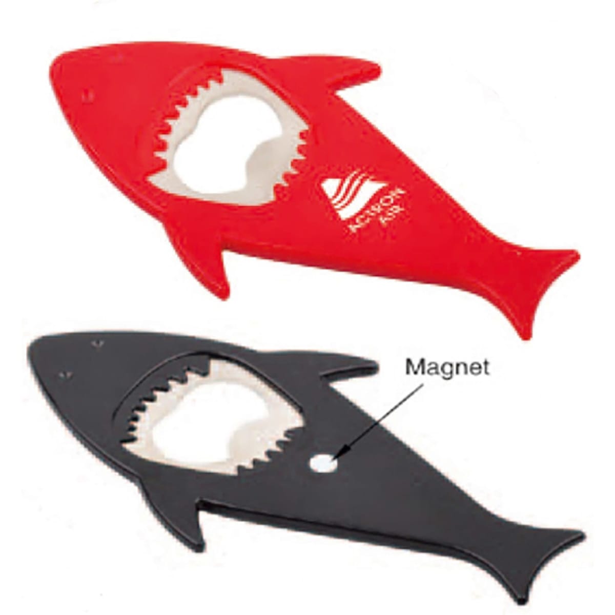 A drink bottle opener shaped like a shark, available in red and black, featuring a magnet and a branded logo.
