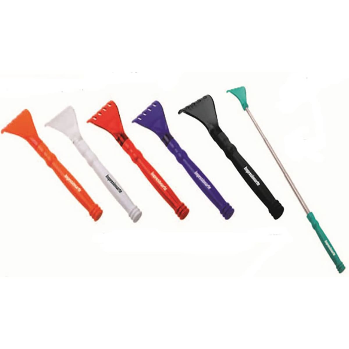 A set of colourful back scratchers in orange, purple, black, white, and green, with various head designs.