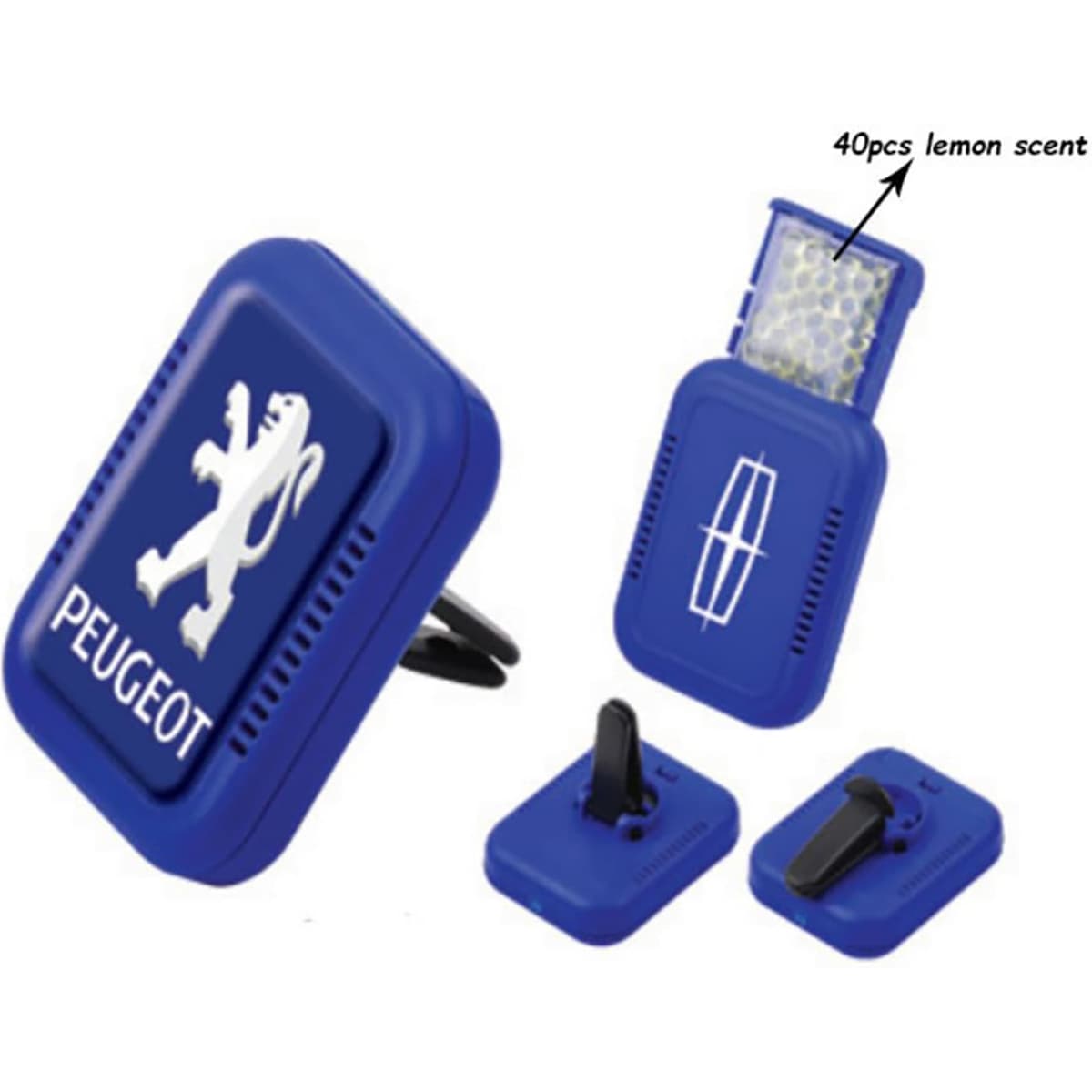 A blue car air freshener featuring a logo, designed with a lemon scent and a compact design.