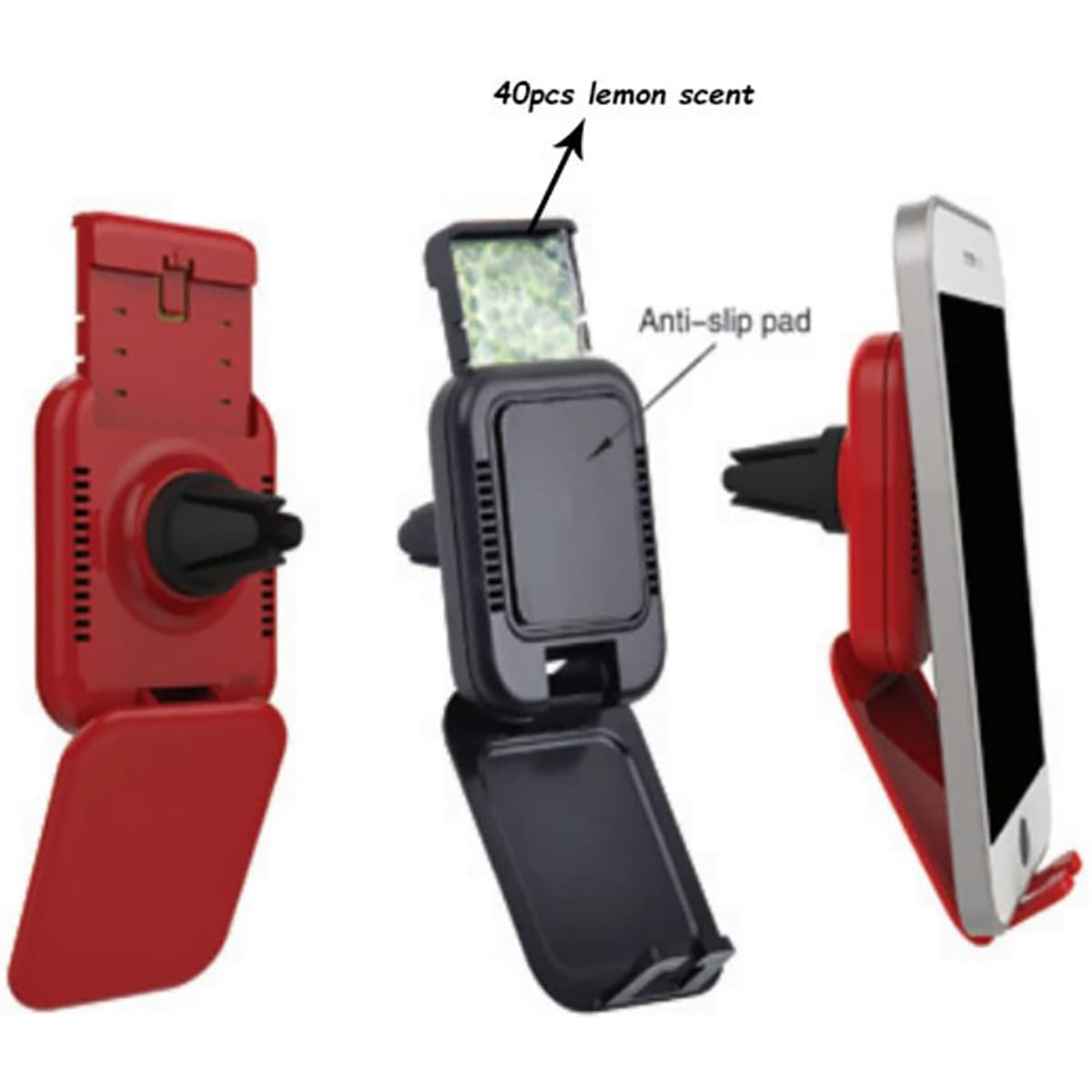 A red and black mobile holder with air freshener, featuring an anti-slip pad and space for a lemon-scented insert.