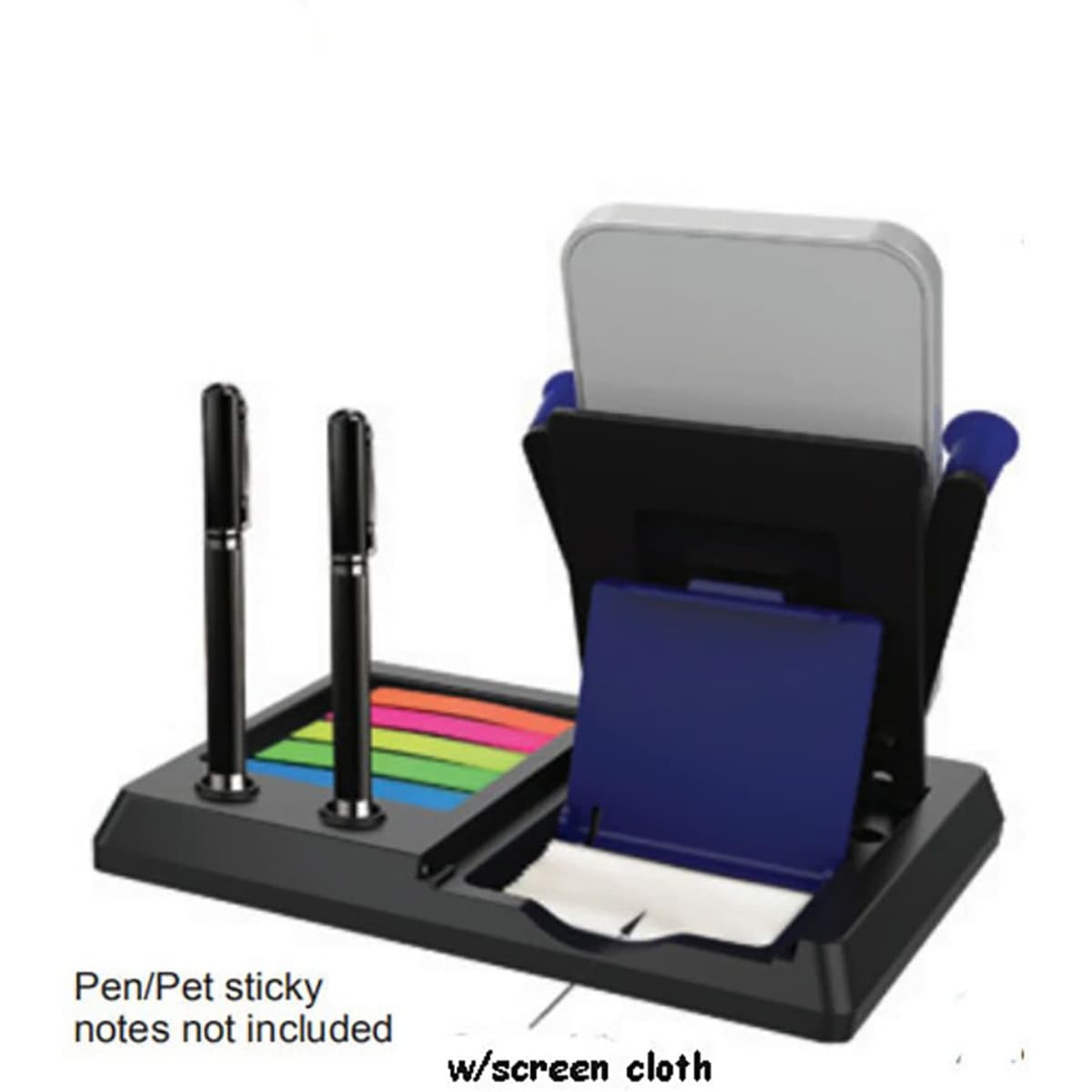A desk organizer in black with two pens, sticky note pads in various colours, and a screen cloth.