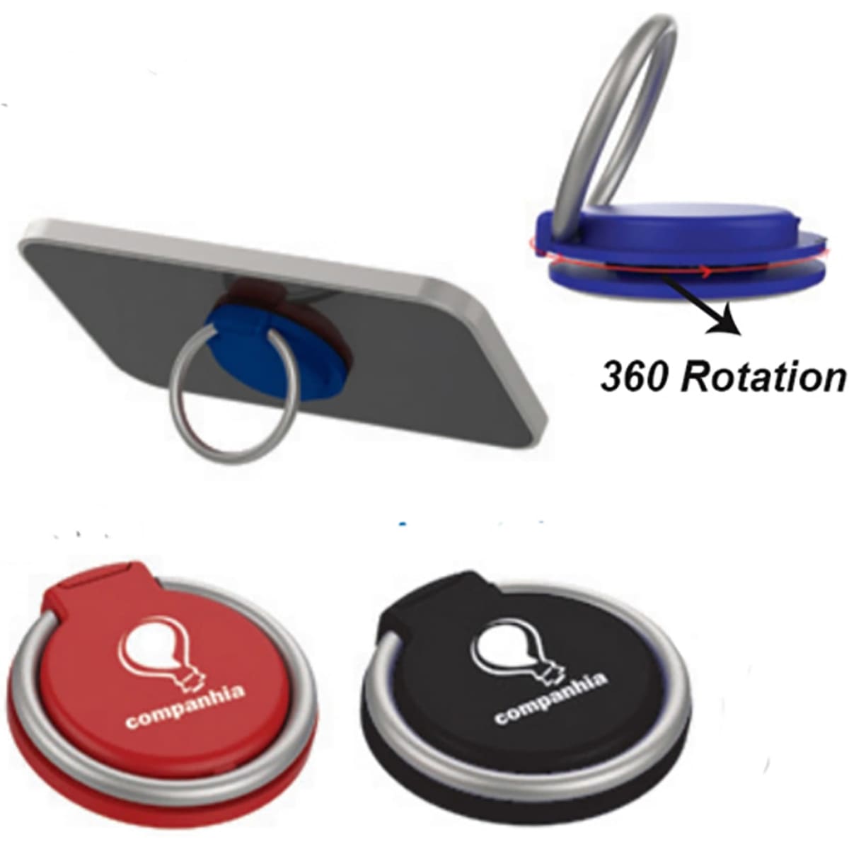 A mobile stand with a blue, red, and black design featuring a rotating ring for enhanced grip.