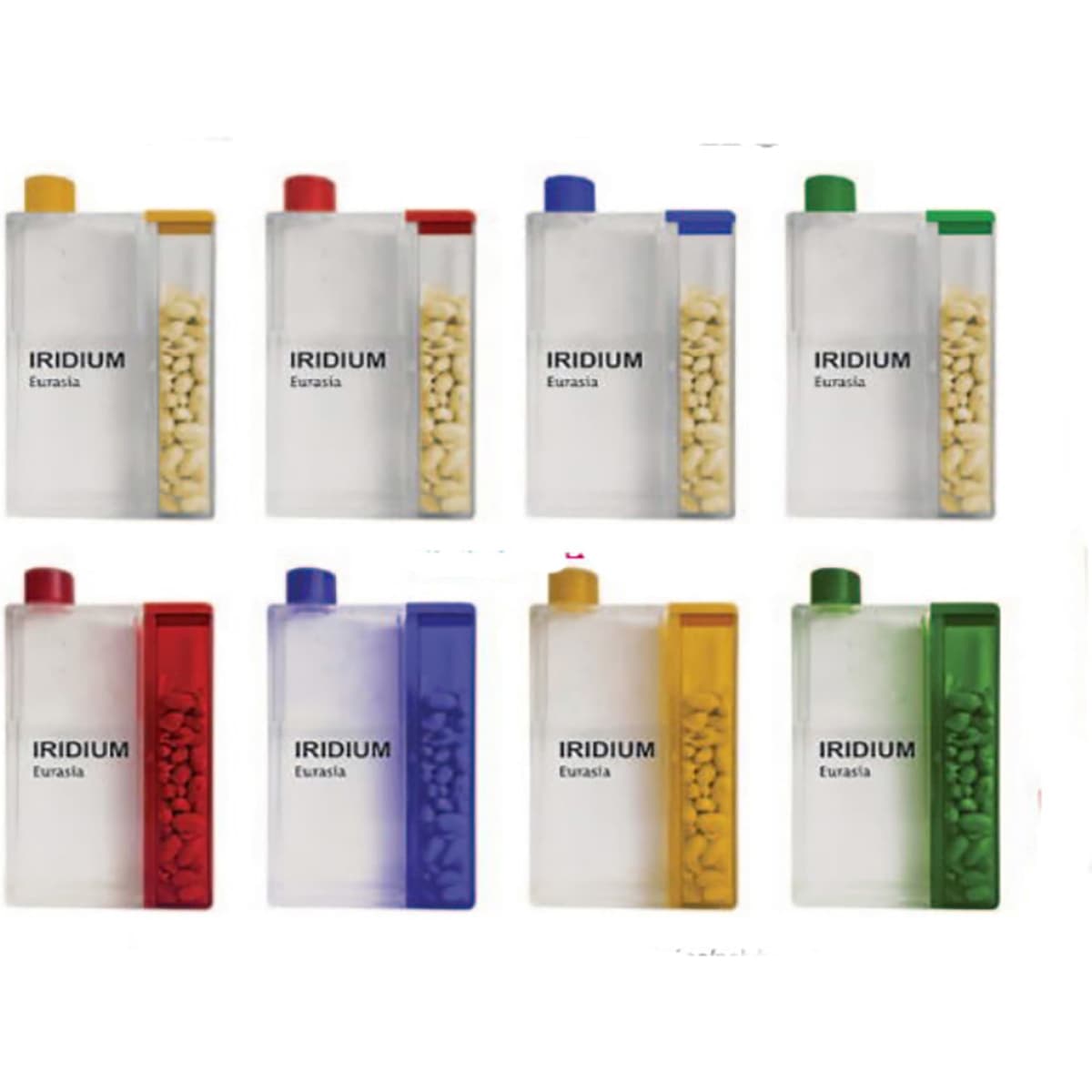 A drink bottle featuring a transparent body with colour-coded caps and a compartment for nuts, available in multiple colours.
