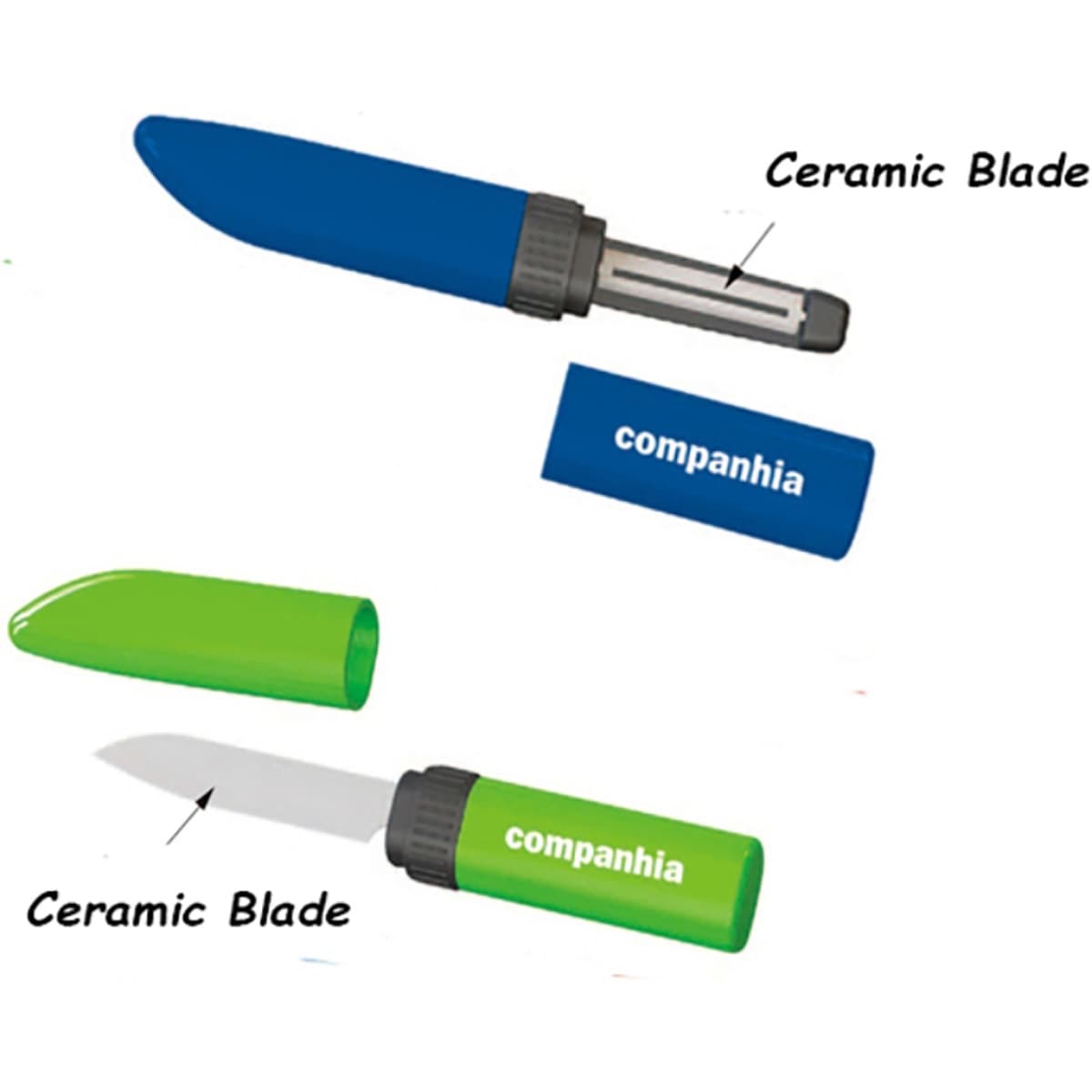 A green peeler and a blue knife with ceramic blades, both with matching caps and a logo.