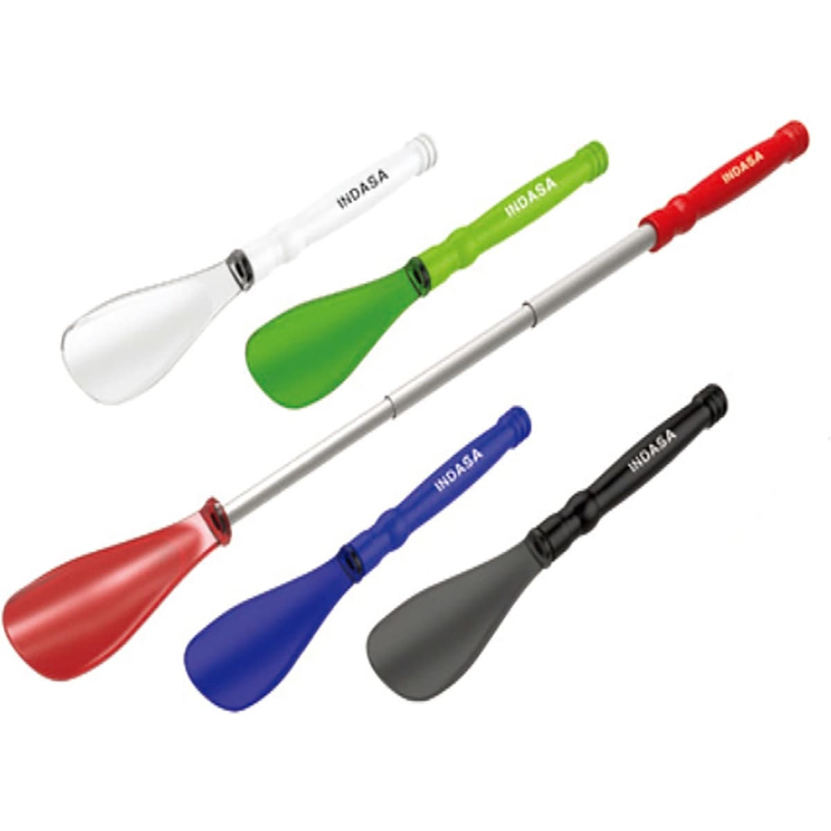 A set of shoe horns in various colours: white, green, red, blue, and black, featuring a logo.