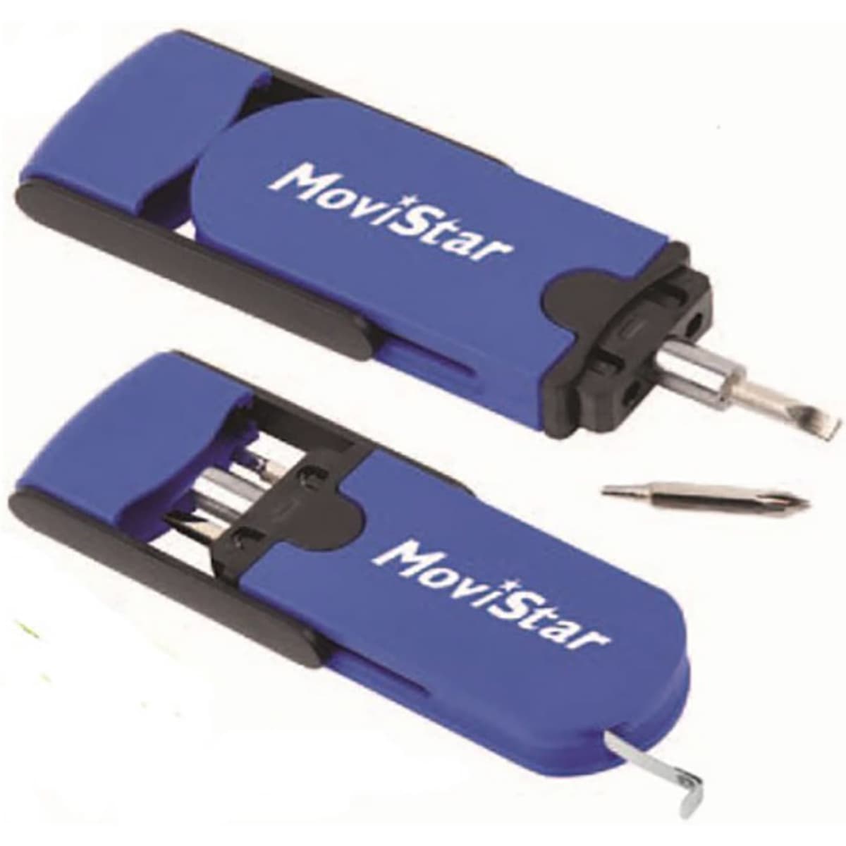 A blue tool set with a tape measure, featuring multiple screwdriver heads and a logo.