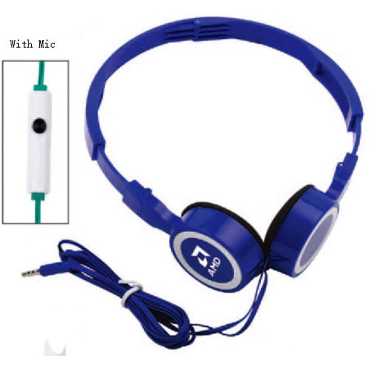 Foldable headphones with mic featuring blue ear cups and a green audio cable. Includes an in-line microphone.